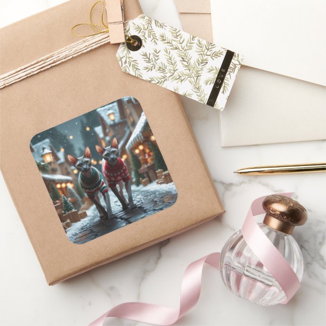 Sphynx Cats Christmas Snow Holiday Square Sticker (Gifting)