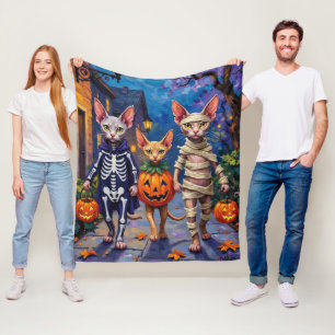 Sphynx Cats Trick-or-Treating in Halloween Costume Fleece Blanket