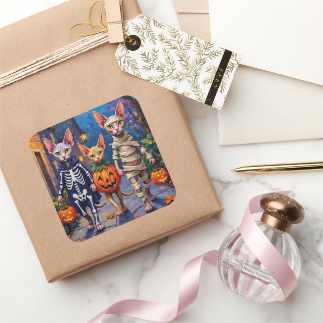Sphynx Cats Trick-or-Treating in Halloween Costume Square Sticker (Gifting)