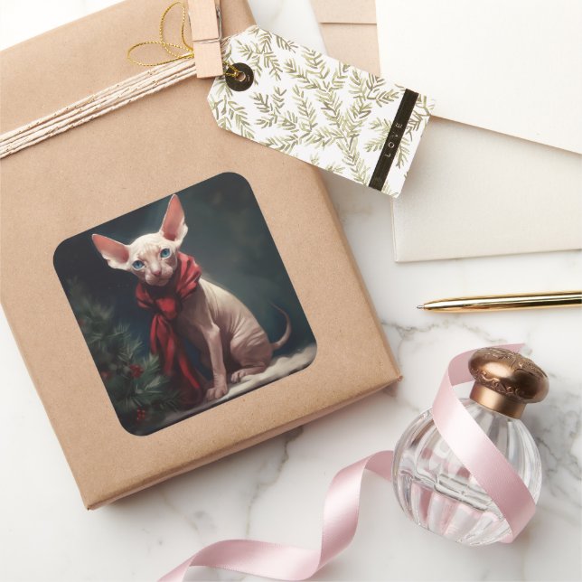 Sphynx Dog in Snow Christmas Square Sticker (Gifting)