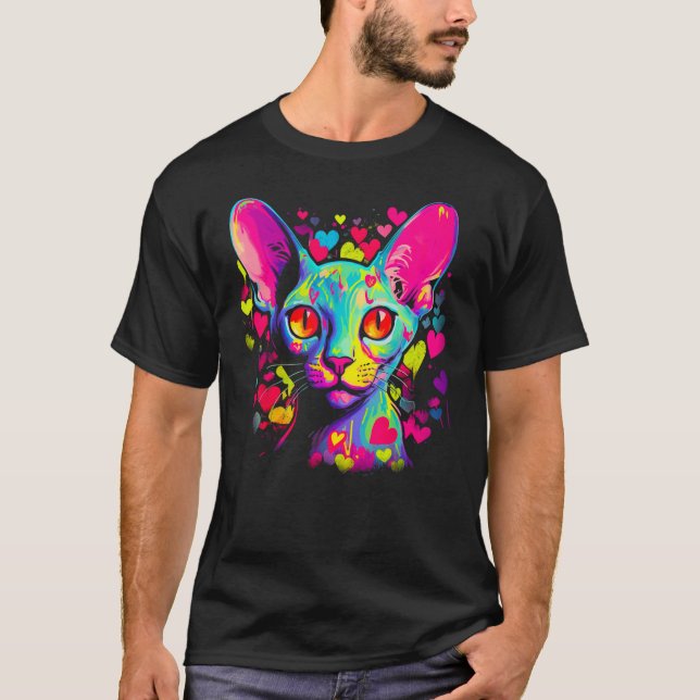 Sphynx Hairless Cat Pink Red Heart T-Shirt (Front)