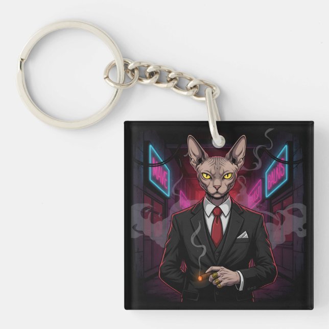 Sphynx Mafia Cat in Neon Noir Style Key Ring (Front)