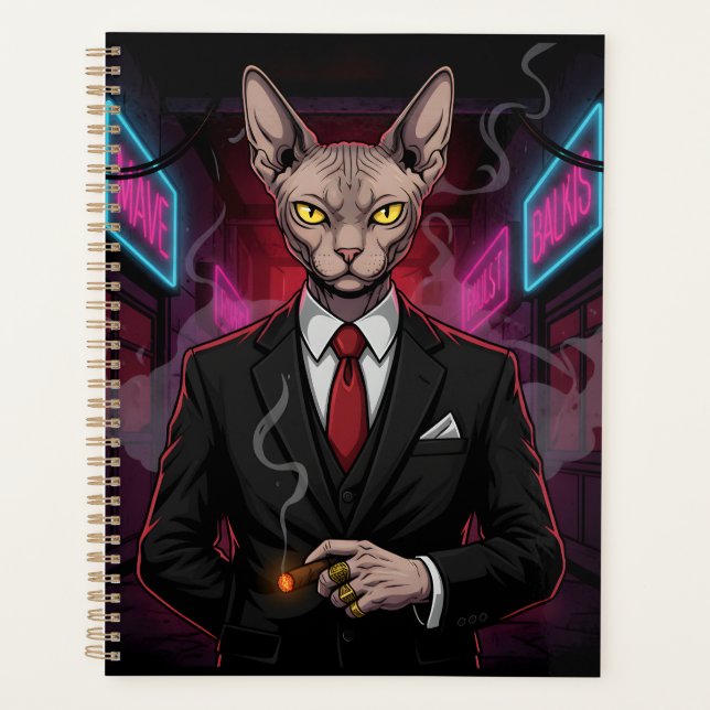 Sphynx Mafia Cat in Neon Noir Style Planner (Front)