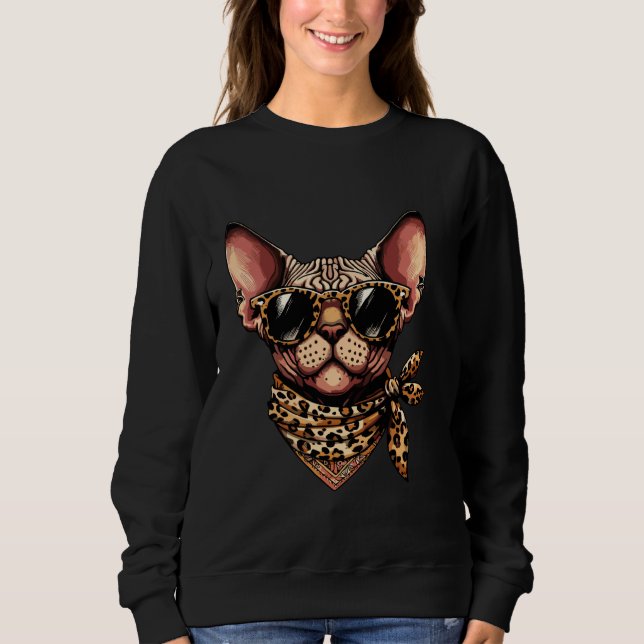 Sphynx Wearing Leopard Scarf Animal Wearing Sungla Sweatshirt (Front)