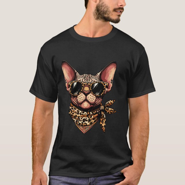Sphynx Wearing Leopard Scarf Animal Wearing Sungla T-Shirt (Front)