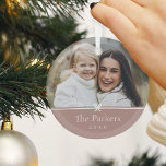 Spice | Simple Minimal Bow Photo Glass Tree Decoration<br><div class="desc">Sweet and simple Christmas photo ornament features a minimalist layout,  with your family name and the year in clean,  classic serif typeface on a soft earth tone terracotta background. A petite bow beneath your photo completes the design.</div>