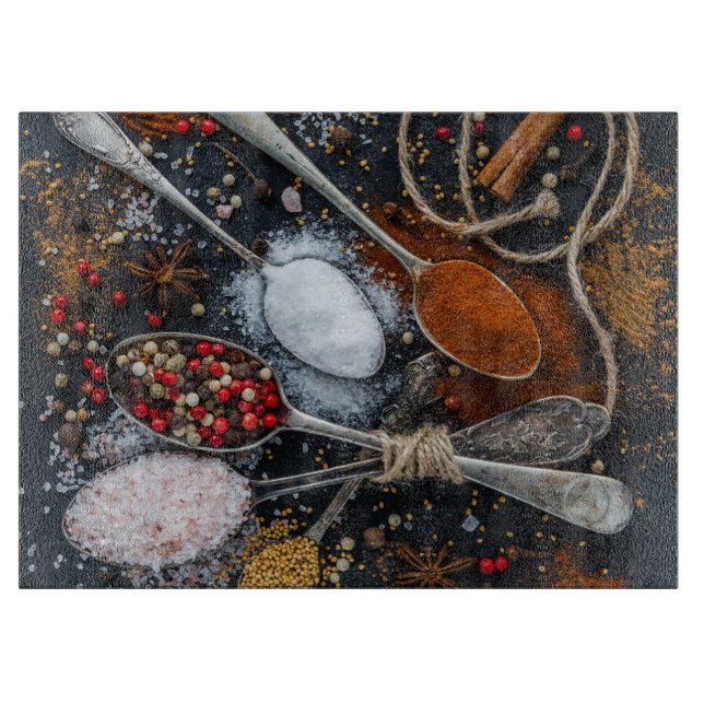 Spices Arranged on Spoons Cutting Board (Front)