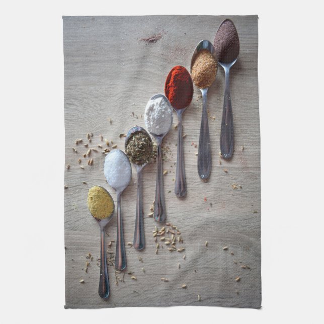 Spices on Spoons, teaspoons, cooking dish Tea Towel (Vertical)