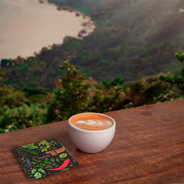 Spices pattern custom name black square paper coaster (Creator Uploaded)