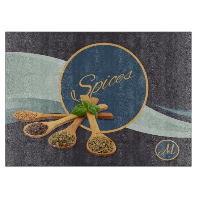 Spices Wooden Stirring Spoon with Spices Monogram Cutting Board (Front)