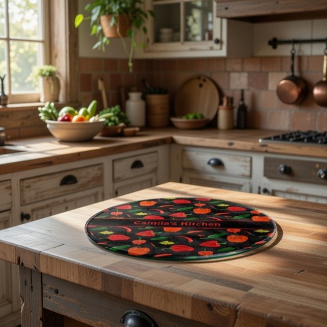 Spicy Chili Pepper Pattern Personalized Glass Cutting Board (Creator Uploaded)
