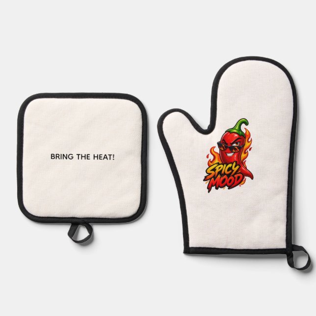 Spicy Chilli Pepper Kitchen Apron – Bold Hot Peppe Oven Mitt & Pot Holder Set (Front)