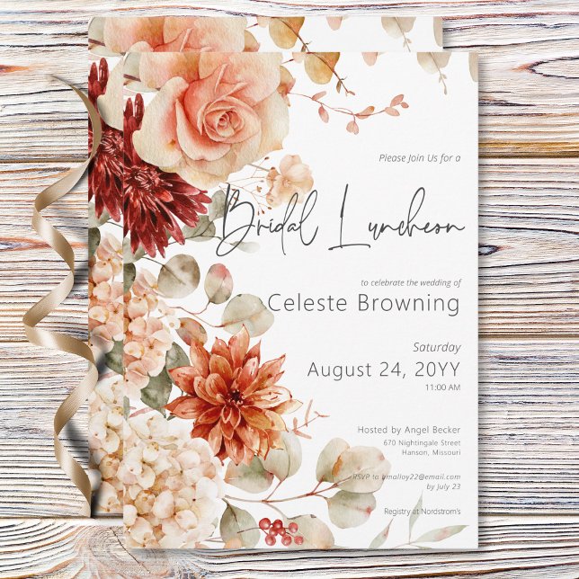 Spicy Fall Rust & Blush Boho Floral Bridal Lunch Invitation (Spicy Fall Rust & Blush Boho Floral Bridal Lunch Invitation)