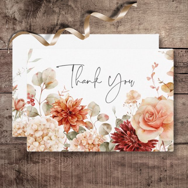 Spicy Fall Rust & Blush Boho Floral Wedding Thank You Card (Spicy Fall Rust & Blush Boho Floral Wedding Thank You Card)
