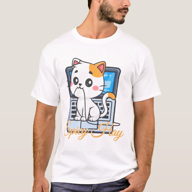 Spicy Hay Funny Cat Biting Cord Kawaii Art T-Shirt (Front)
