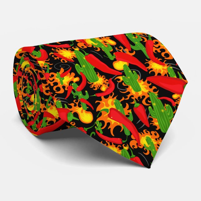 Spicy Hot Chilli Peppers and Flames Tie (Rolled)