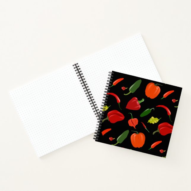 Spicy Hot Peppers Black Square Notebook (Inside)