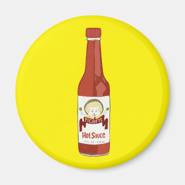 Spicy Hot Sauce Cat Sombrero Fun on Yellow Magnet (Front)