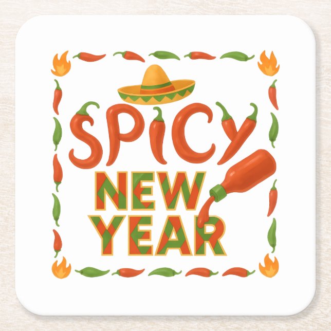 Spicy New Year Square Paper Coaster (Front)