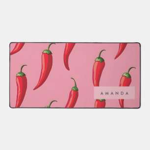 Spicy Red Chilli Pepper Pattern on Pink Background Desk Mat
