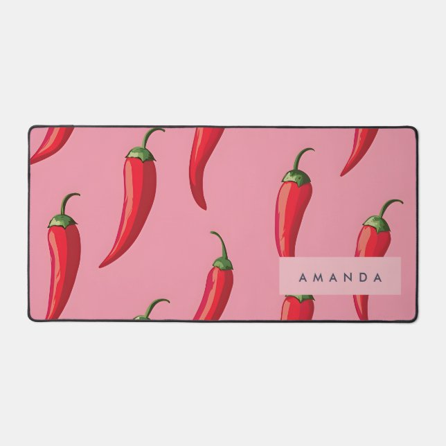 Spicy Red Chilli Pepper Pattern on Pink Background Desk Mat (Front)