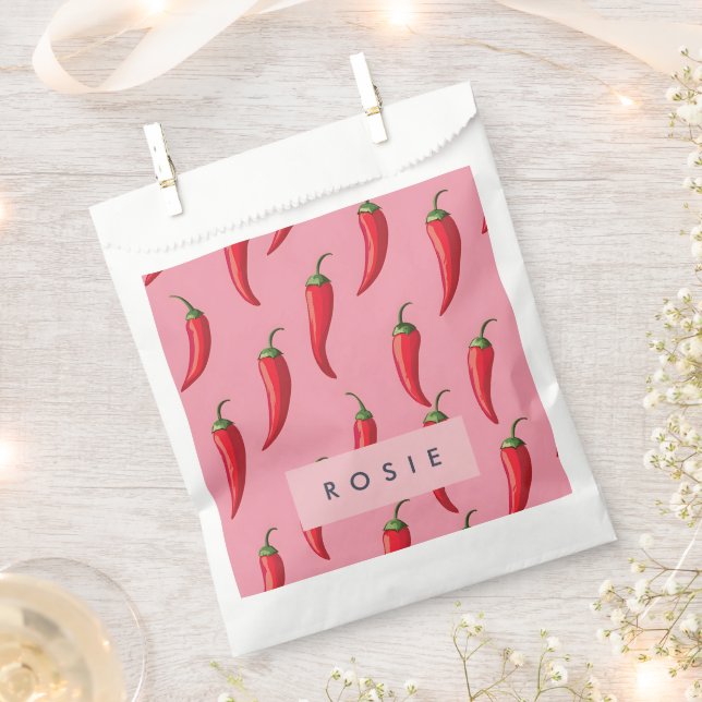 Spicy Red Chilli Pepper Pattern on Pink Background Favour Bag (Clipped)