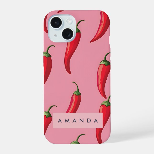 Spicy Red Chilli Pepper Pattern on Pink Background iPhone 15 Case (Back)