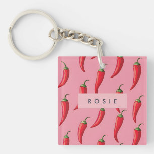 Spicy Red Chilli Pepper Pattern on Pink Background Key Ring