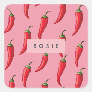 Spicy Red Chilli Pepper Pattern on Pink Background Square Sticker