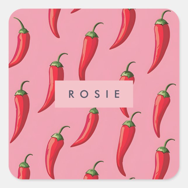 Spicy Red Chilli Pepper Pattern on Pink Background Square Sticker (Front)
