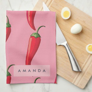 Spicy Red Chilli Pepper Pattern on Pink Background Tea Towel