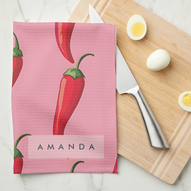 Spicy Red Chilli Pepper Pattern on Pink Background Tea Towel (Quarter Fold)