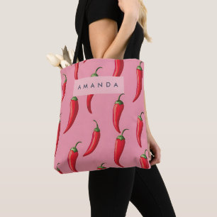 Spicy Red Chilli Pepper Pattern on Pink Background Tote Bag