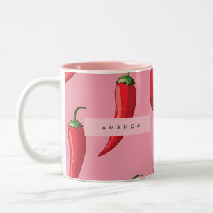 Spicy Red Chilli Pepper Pattern on Pink Background Two-Tone Coffee Mug