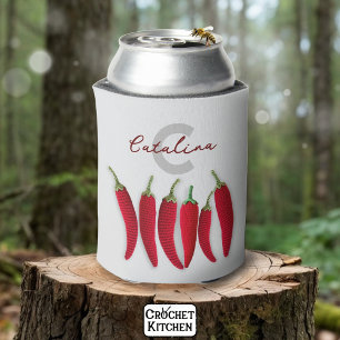 Spicy Red Modern Minimal Crochet Jalapeno Name Can Cooler
