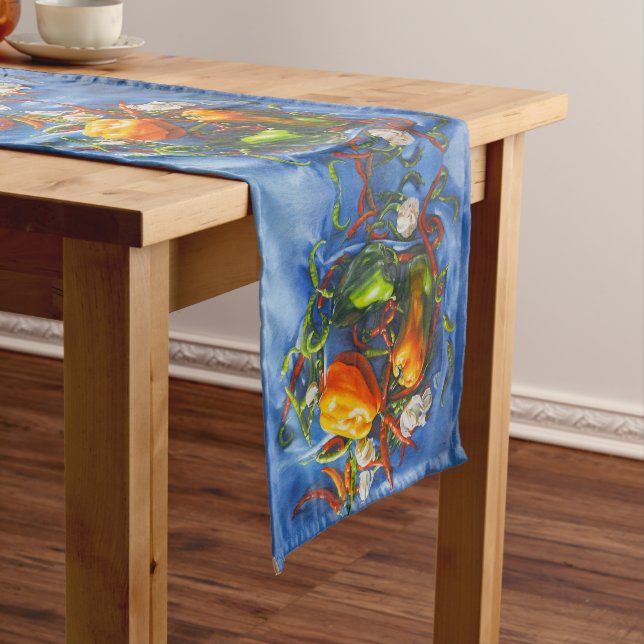 Spicy Still Life with Peppers and Garlic Long Table Runner (In Situ)
