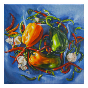 Spicy Still Life with Peppers and Garlic Poster