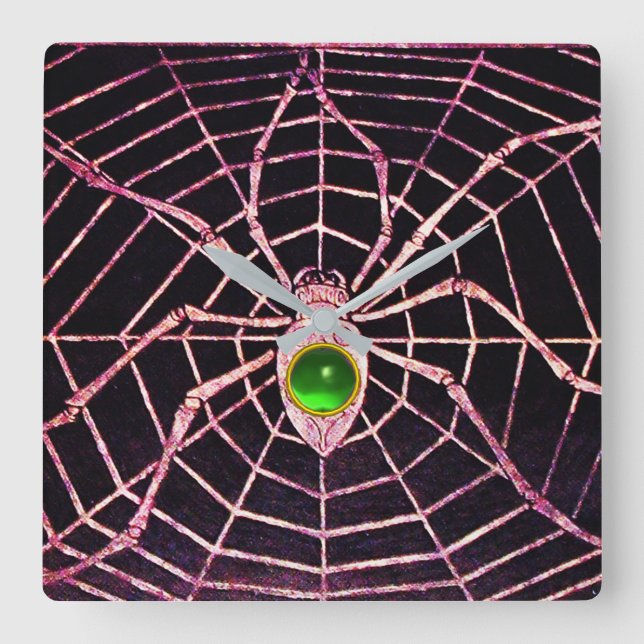 SPIDER AND WEB Emerald Green Gemstone Black Square Wall Clock (Front)