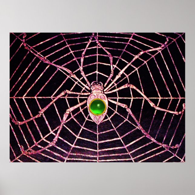 SPIDER AND WEB Green Emerald Gemstone Black Poster (Front)