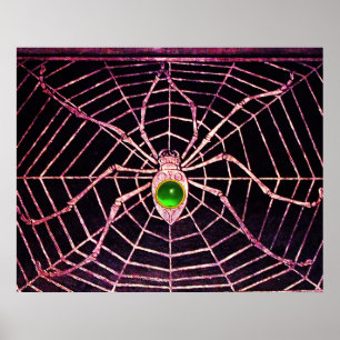 SPIDER AND WEB Green Emerald Gemstone Black Poster