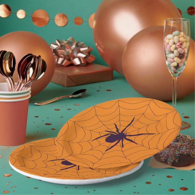 Spider and Web on Orange Party Paper Plate (Multi)
