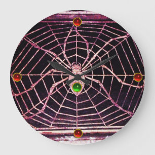 SPIDER AND WEB Red Ruby ,Green Emerald Gems Black Large Clock