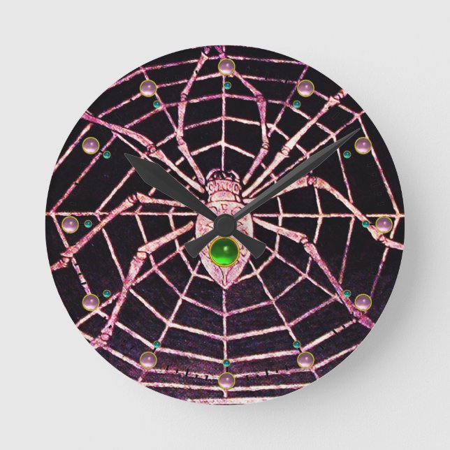 SPIDER AND WEB Red Ruby ,Green Emerald Gems Black Round Clock (Front)