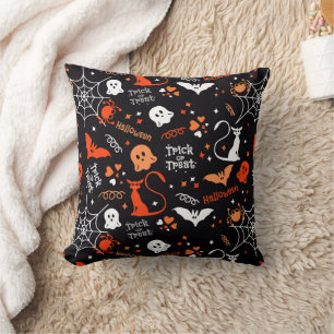 Spider Bat Cat Web Trick Ghost Spooky Halloween Cushion