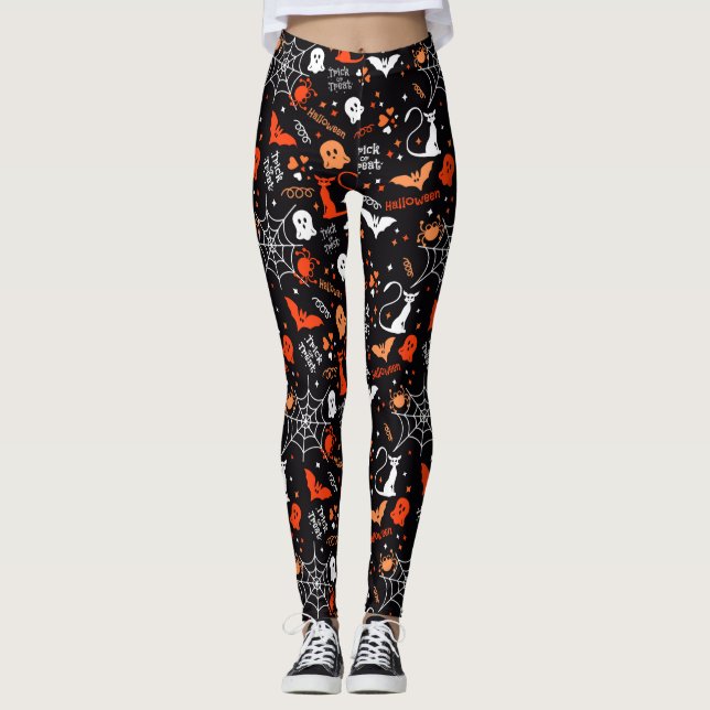 Spider Bat Cat Web Trick Ghost Spooky Halloween Leggings (Front)