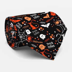 Spider Bat Cat Web Trick Ghost Spooky Halloween Tie
