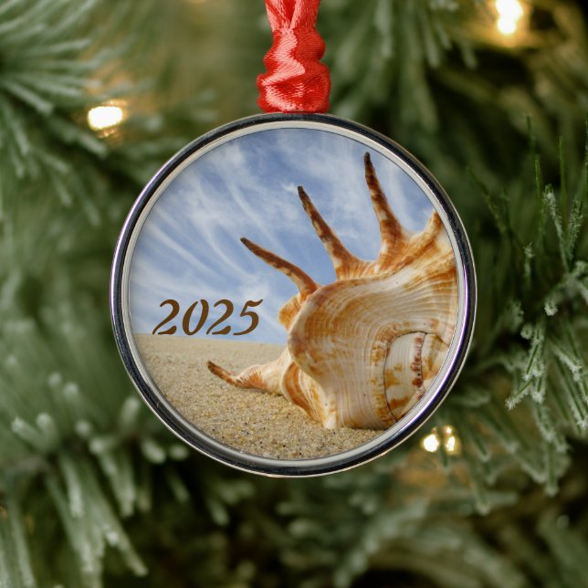 Spider Conch Shell on Sandy Beach Blue Sky Metal Ornament (Tree)