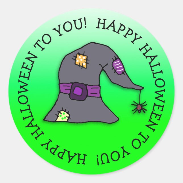 Spider dangling from Witch's Hat Halloween Classic Round Sticker (Front)