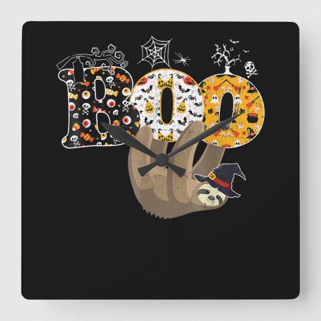 Spider Gift | Boo Halloween With Sloth Witch Hat Square Wall Clock (Front)