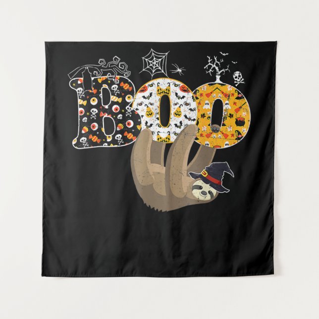 Spider Gift | Boo Halloween With Sloth Witch Hat Tapestry (Front)